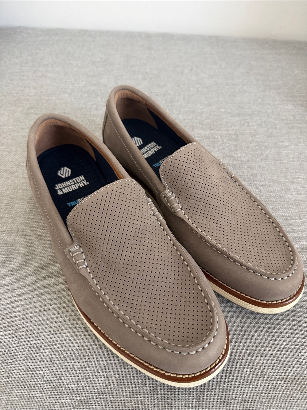 Johnston & Murphy Gray Taupe Perforated Leather Slip-On Loafers